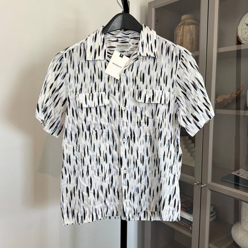 Knickerbocker Silk & Wool Tokyo Shirt S NEW White Blue Print Cotton Camp Collar